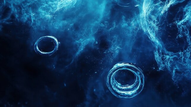 Minimalist futuristic banner featuring liquid rings and soft ripples forming in dark blue water, illuminated with gentle highlights