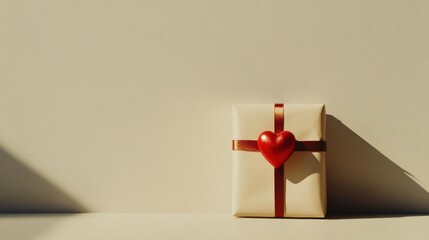 Fototapete - Minimalist pastel backdrop featuring a gift wrapped in elegant paper with a bold red heart accent.