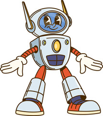 Aufkleber - Cartoon groovy robot with antennas character. Futuristic cyborg, artificial intelligence android groovy isolated vector funny character. Chatbot AI droid retro mascot, robotic alien happy personage