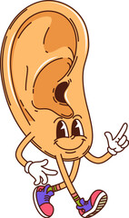 Aufkleber - Cartoon ear groovy medicine and health character walking joyfully with sneakers and gloves showing playful vibe. Isolated vector human organ personage with a cheerful face, smiling and pointing upward