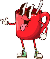 Aufkleber - Groovy breakfast tea cup character with cheerful expression and hippie sneakers. Isolated cartoon vector red porcelain hot coffee mug retro personage flashing finger gun gesture with sticking tongue