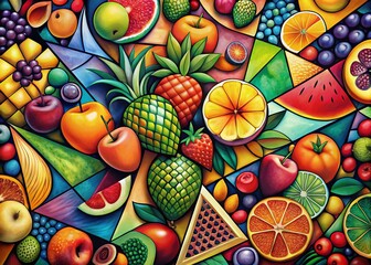 Poster - Panoramic Cubist Fruit Background: Vibrant Abstract Design for Digital Art & Print
