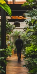 Wall Mural - A man walks through a lush green indoor garden
