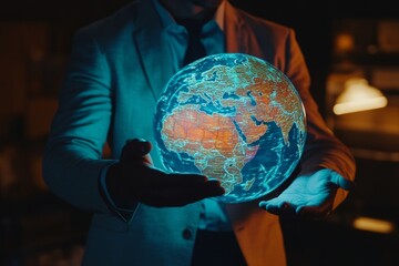 Poster - A man is holding a glowing globe in his hand