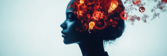 Poster - Human silhouette filled with creative symbols showcasing imagination and innovation through lightbulbs and gears