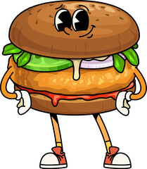 Poster - Groovy fast food burger character with funny face, cartoon vector comic personage. Groovy burger or cheeseburger sandwich with happy cute smile and yummy emotion for fast food cartoon character emoji