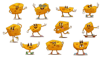 Aufkleber - Funny groovy cheese characters showcasing lively funky poses and quirky facial expressions. Isolated cartoon vector dairy product personages with peace sunglasses, hippie sneakers and retro y2k vibes