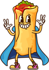 Poster - Cartoon groovy Mexican funny burrito for Halloween holiday character, vector Tex Mex food. Groovy burrito wizard or mage in sorcerer mantle with happy face and funky smile for Halloween character