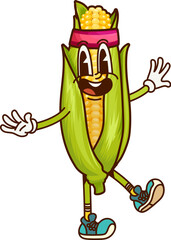 Poster - Groovy corn cob cartoon character on fitness sport, vector comic vegetable. Funky groovy sweetcorn cob with happy smile on funny face on sport training with fitness headband for healthy food emoji