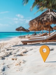 Poster - Golden location pin symbolizes tropical beach getaway with sunbeds and umbrellas under a clear sky