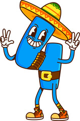 Poster - Groovy math number 4 Western cowboy bandit, vector funny cartoon character. Groovy number Four 4 as Western ranger in Mexican sombrero hat and gun bullets bandoleer as cowboy or bandit of Wild West