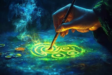 Poster - a hand is painting a green swirl on a blue surface