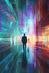 Poster - abstract digital pathway with figures in vibrant colorful light