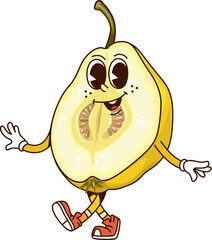 Aufkleber - Groovy tropical half quince fruit character with playful smile. Cartoon vector fun and smiling personage with stem and seeds visible, quirky facial expression, smiling and showing positive funky vibes