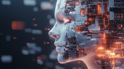 Poster - Futuristic Human-like Face with Digital Elements and Orange Glows