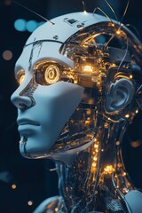 Poster - Futuristic Robot Head with Glowing Circuitry and Luminous Eyes