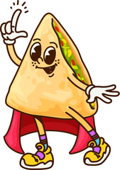 Poster - Cartoon groovy Halloween Mexican quesadilla character wizard, vector Tex Mex food. Groovy quesadilla with happy face and funky smile in sorcerer or wizard mage mantle for Halloween cartoon character