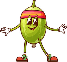 Aufkleber - Cartoon groovy gooseberry berry character on fitness sport, vector funny emoji. Groovy gooseberry fruit or berry with funky face and happy smile in fitness headband in retro cartoon comic emoticon