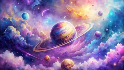 Wall Mural - a vibrant cosmic landscape featuring a ringed planet and celestial bodies amidst swirling nebulae an