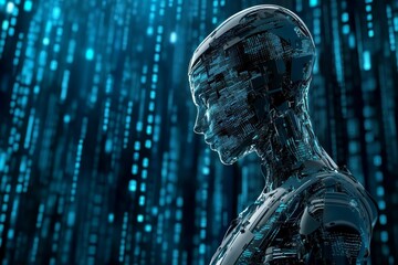 Poster - Futuristic Robot Profile with Digital Binary Code Background