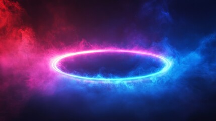 Wall Mural - an illuminated neon ring floating in colored hazy atmosphere