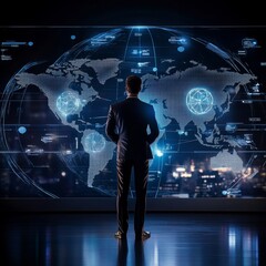Poster - A man stands in front of a large screen displaying a map of the world