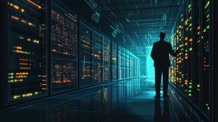 Poster - Silhouette of Businessman in High-Tech Data Center Environment
