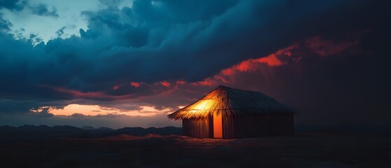 Fototapete - Stunning dramatic sunset sky with glowing red and orange clouds over a silhouetted wooden barn or shed in a serene picturesque rural countryside landscape  Moody atmospheric scene with a peaceful
