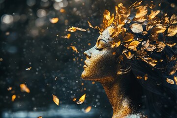 Poster - Ethereal Woman with Golden Leaves and Glitter During Autumn Sunset