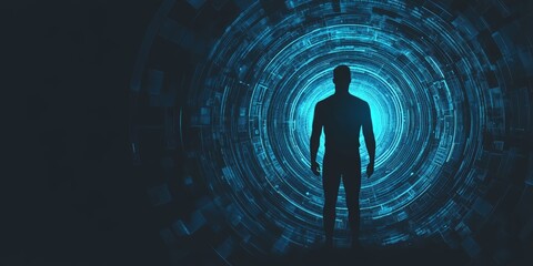 Poster - Silhouette of Person Standing Before a Bright Digital Portal