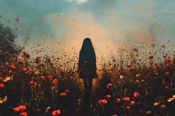 Poster - Young Woman Walking Through Colorful Flower Field at Sunset