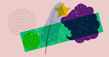 Poster - Risograph Feather and speech bubble with geometric shapes animation. Moving object in trendy riso graph design video.