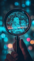 Poster - Magnifying Glass Reveals Digital Data and Colorful Lights Background
