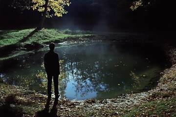 Poster - Silhouette of a Person by a Serene Pond in Calm Night Atmosphere