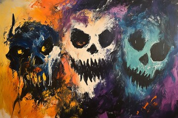 Poster - Abstract Art of Three Colorful Skull Faces in Bold Expressionist Style