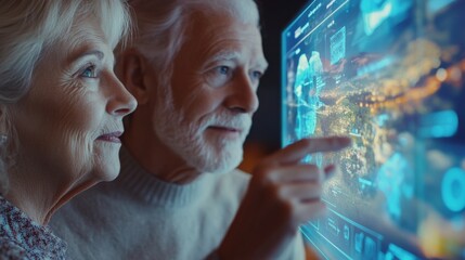 Poster - two senior business professionals analyzing holographic charts on a transparent screen, discussing d