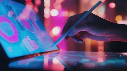 Poster - hand holding stylus pen and pointing on digital tablet screen showing colorful graphs and charts, re