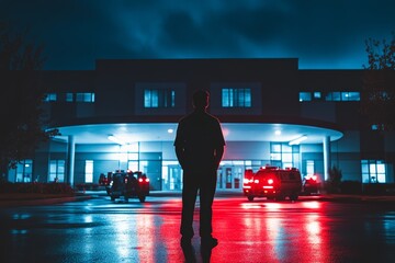 Wall Mural - a man stands in front of a building with a red and blue car in the background