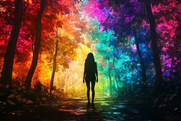 Poster - Vibrant Abstract Forest with Silhouette of Woman in Colorful Nature