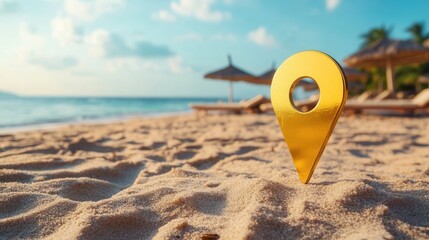 Poster - Golden location pin marks a tropical beach destination with sunbeds and umbrellas along the shoreline in sunny weather