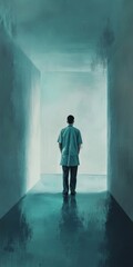 Wall Mural - a man in a white lab coat stands in a long, narrow hallway