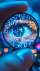 Poster - Close-Up of Eye Under Magnifying Glass with Digital Data Overlay