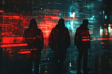 Poster - Mysterious Silhouettes Against Futuristic Data Glitch Background