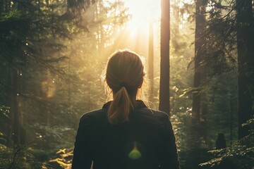 Poster - Person Contemplating Serenity in a Lush Forest with Sunlight