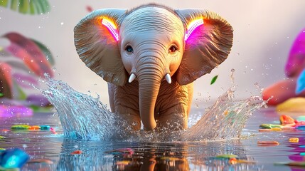Naklejka na meble Cute Baby Elephant Splashing Water - Surrealism