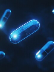 Fototapete - Glowing capsules in dark environment create a captivating digital futuristic atmosphere with soft blue light for abstract medical design