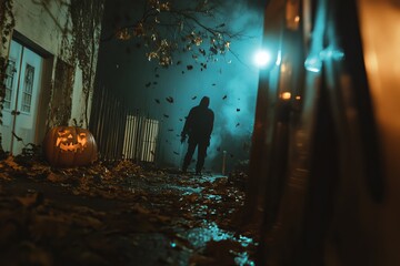 Wall Mural - A man is walking down a street with a pumpkin and a pumpkin lantern