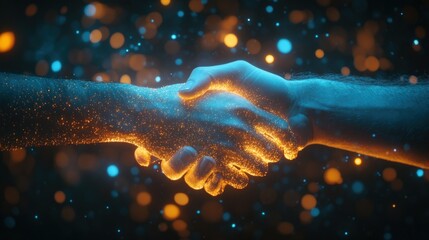 Fototapete - Two hands composed of glowing particles are engaging in a handshake within a dark digital landscape, representing a visionary partnership or agreement in a high tech world