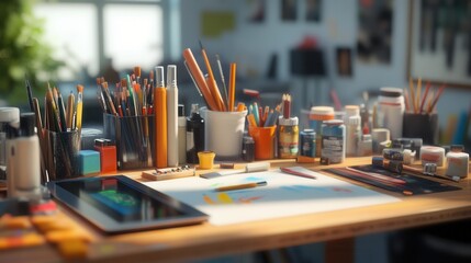 Aufkleber - Creative workspace filled with scattered tools like brushes, pencils, and digital tablets, highlighting artistic chaos in an inspiring environment