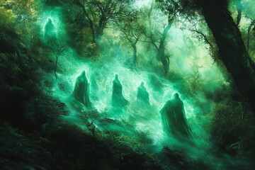 Poster - Ethereal Spirits in Luminous Green Fog Surrounded by Enchanted Forest